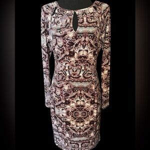 JENNIFER LOPEZ BROWN MIDI BODYCON KEYHOLE SNAKESKIN SHEATH CUTOUT DRESS SZ MED